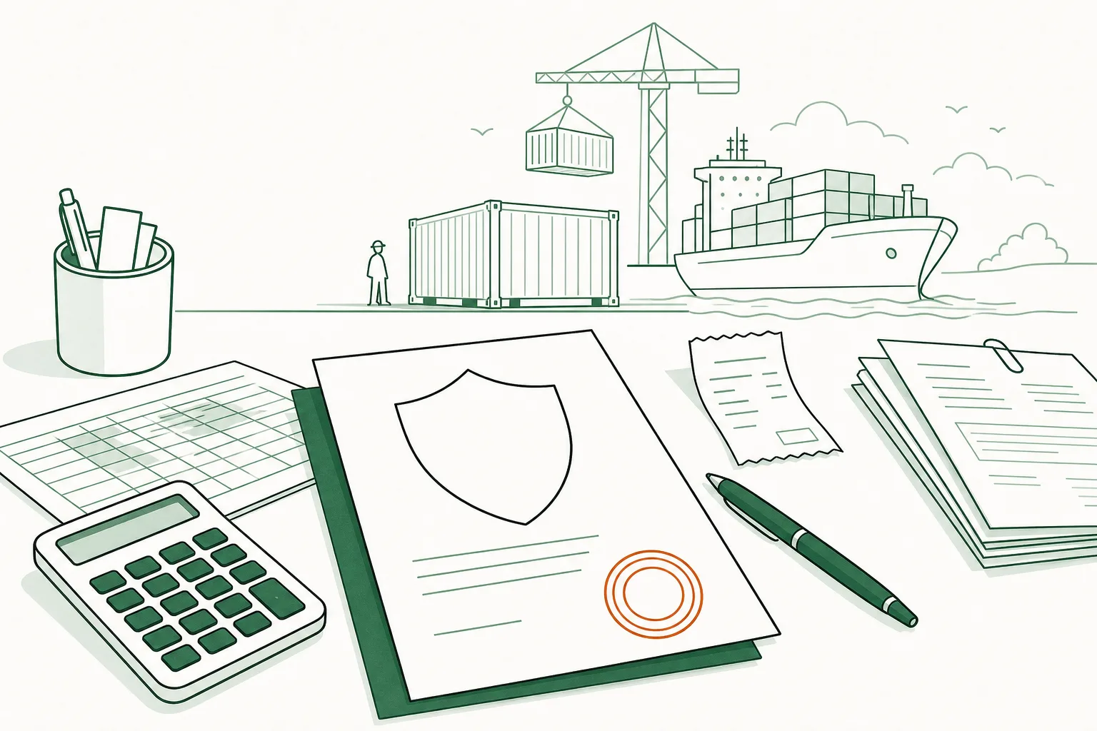 Stiliserad fraktcontainer och ett dokument med en sköldkontur som symbol för en exportgaranti