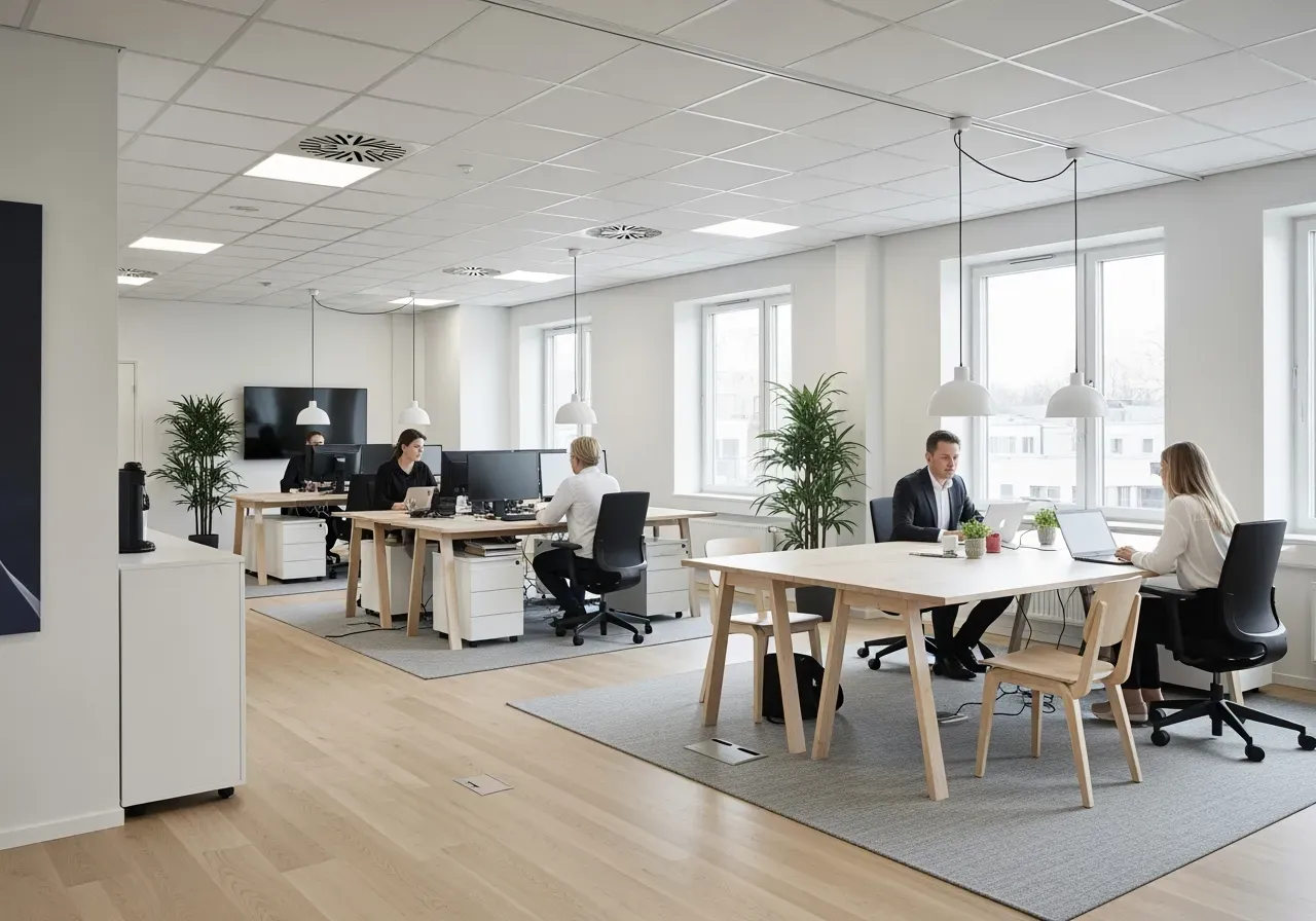 Möte mellan företagare och bankrådgivare, kontor och fastighet i bakgrunden