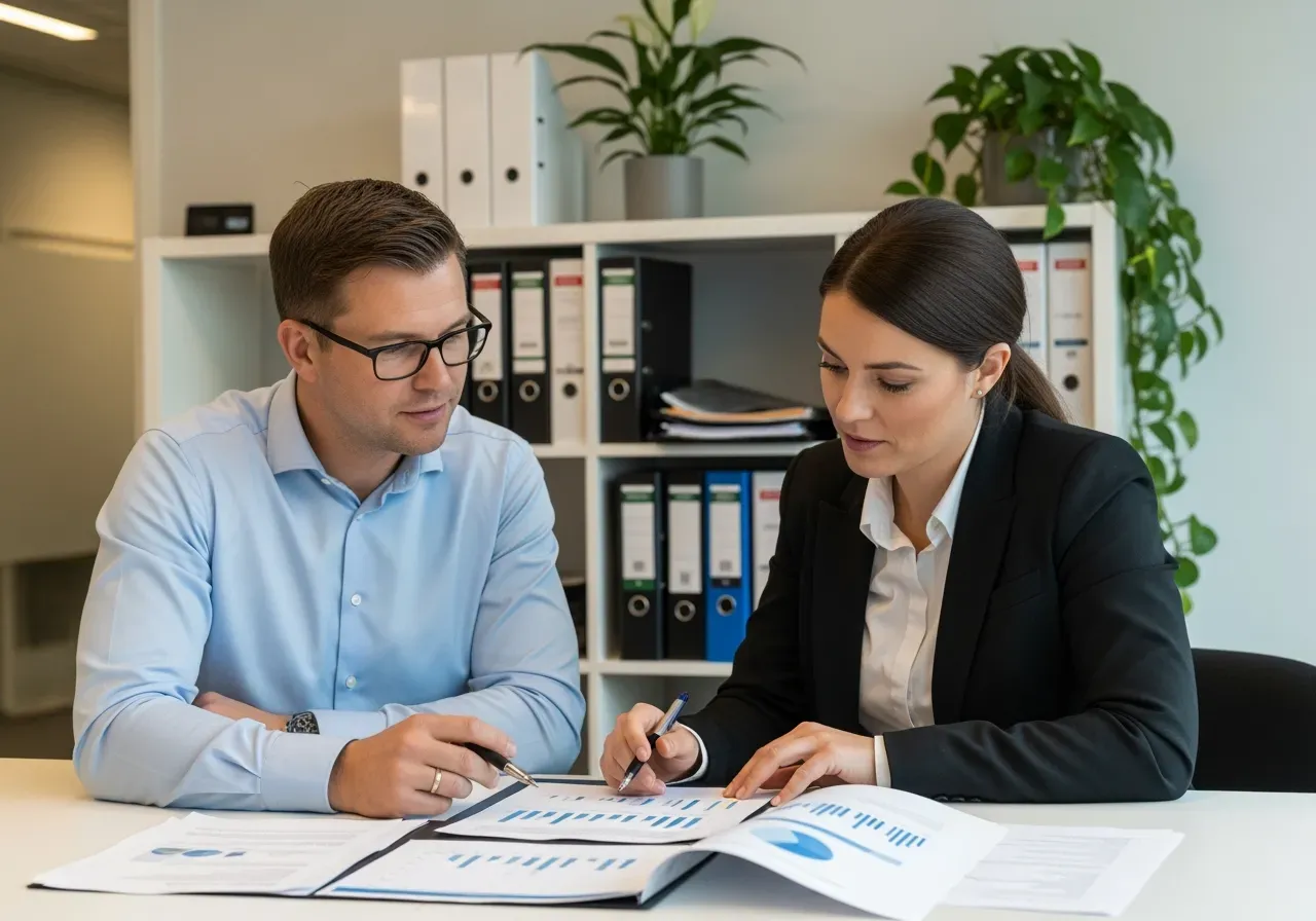 Företagsmöte och papper som symboliserar lån och finansiering